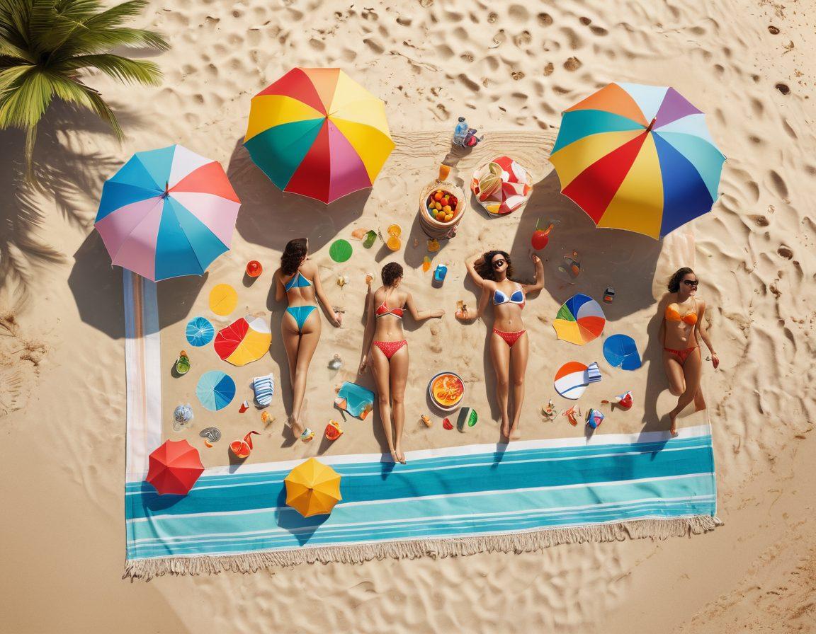 A sun-soaked beach scene featuring a diverse group of friends in trendy swimwear, playing with a happy dog running in the sand, colorful beach umbrellas, and crystal-clear waves in the background. Showcase vibrant beach towels and picnic settings with fresh fruits and drinks, evoking a fun summer vibe. bright and colorful. 3D. vibrant colors.