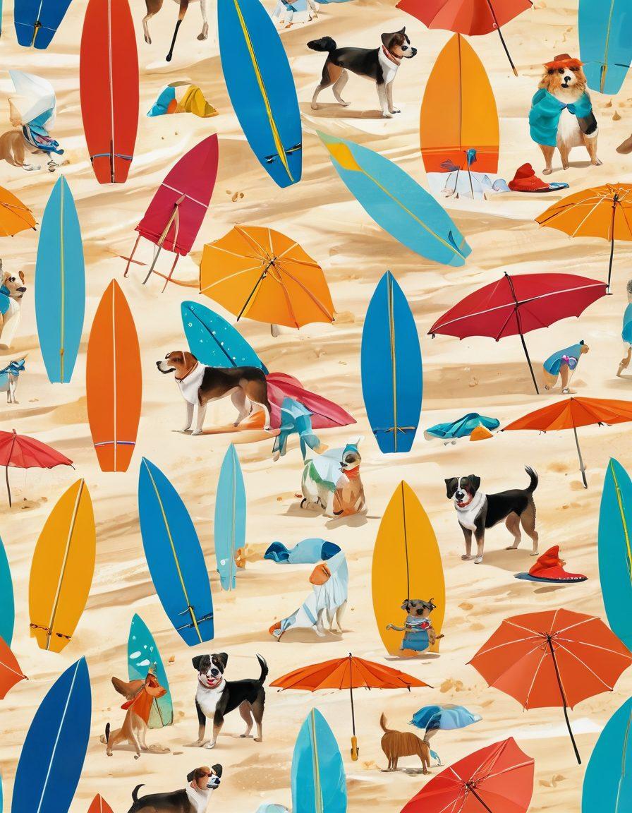 A stylish beach scene featuring a trendy person in vibrant coastal fashion, playfully interacting with their dog on the sandy shore. Colorful surfboards and beach umbrellas add energy to the background, while waves crash gently. The sun casts a warm glow, reflecting the cheerful vibe of coastal life. super-realistic. vibrant colors. sunny background.