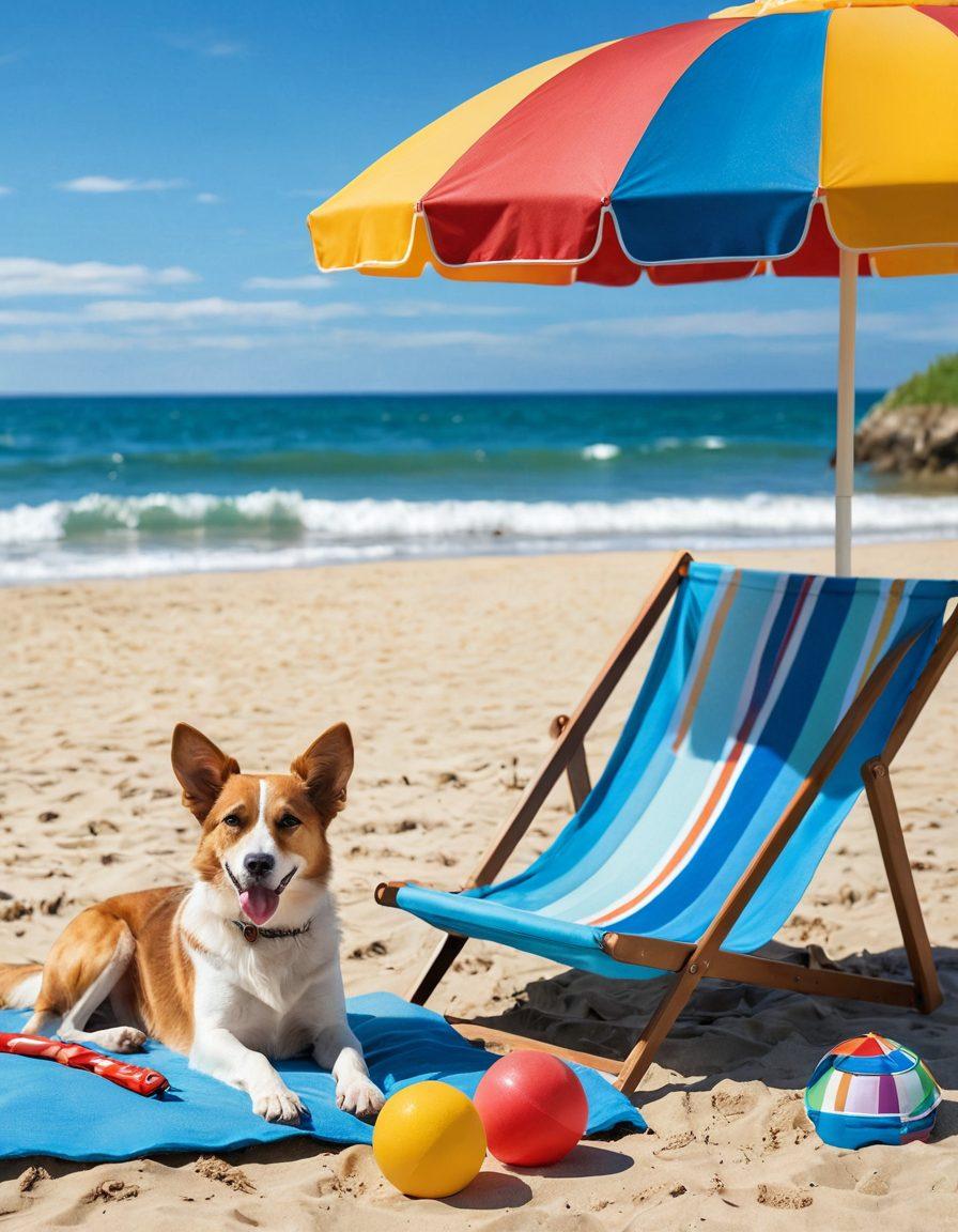 A sunny beach scene featuring a cheerful dog and its owner lounging under a large colorful beach umbrella. The sand is dotted with pet toys, and there are waves gently crashing in the background. A vibrant picnic setup includes a cooler filled with refreshments for both humans and pets. Sunbathers relax in the background with their furry companions. The sky is bright blue, enhancing the joyful atmosphere. super-realistic. vibrant colors. 3D.